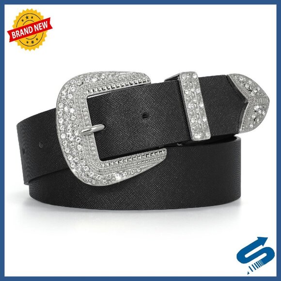 Western Leather Belt with Rhinestone Buckle for Women Size 26-44